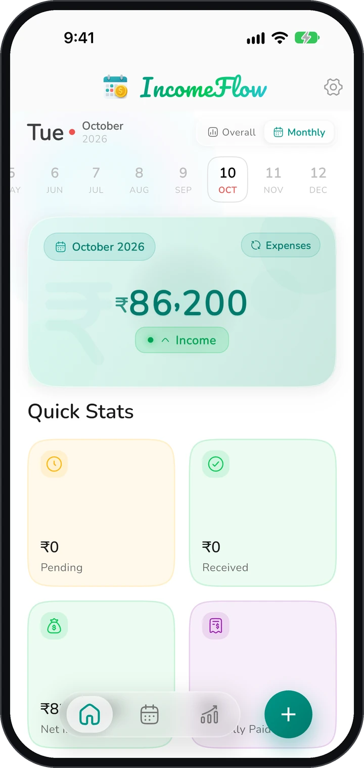 IncomeFlow home screen with this month's income, pending and received payments, and net income