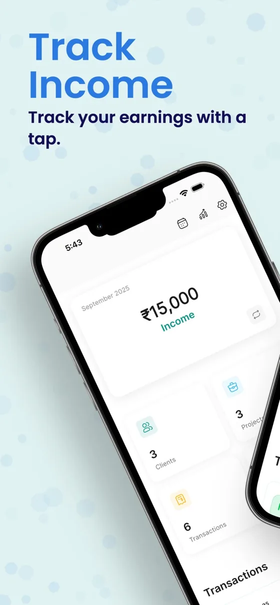 Track income: home screen with income, clients and projects